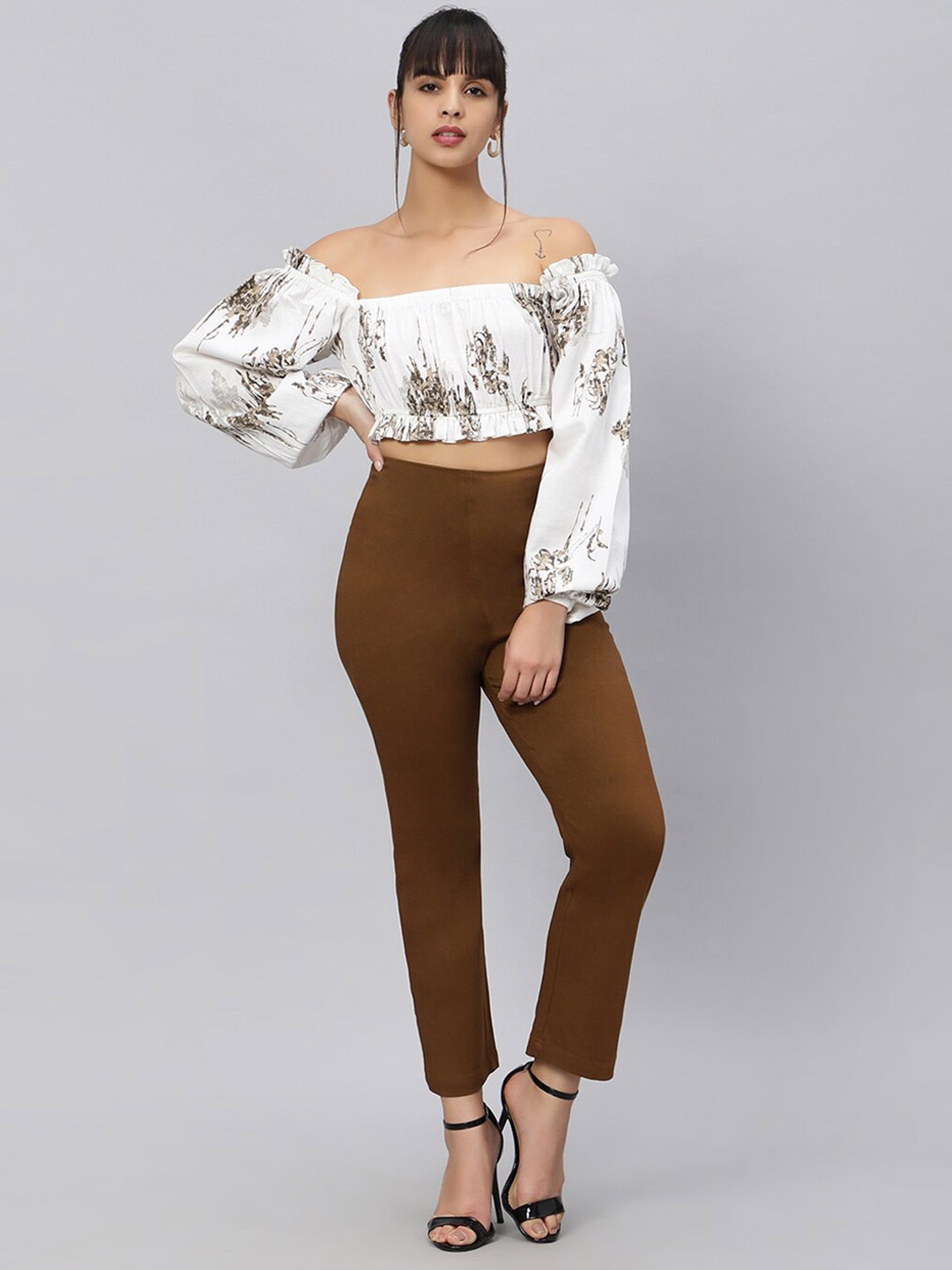 

OUI Floral Printed Off shoulder Pure Cotton Crop Top With Trousers, White
