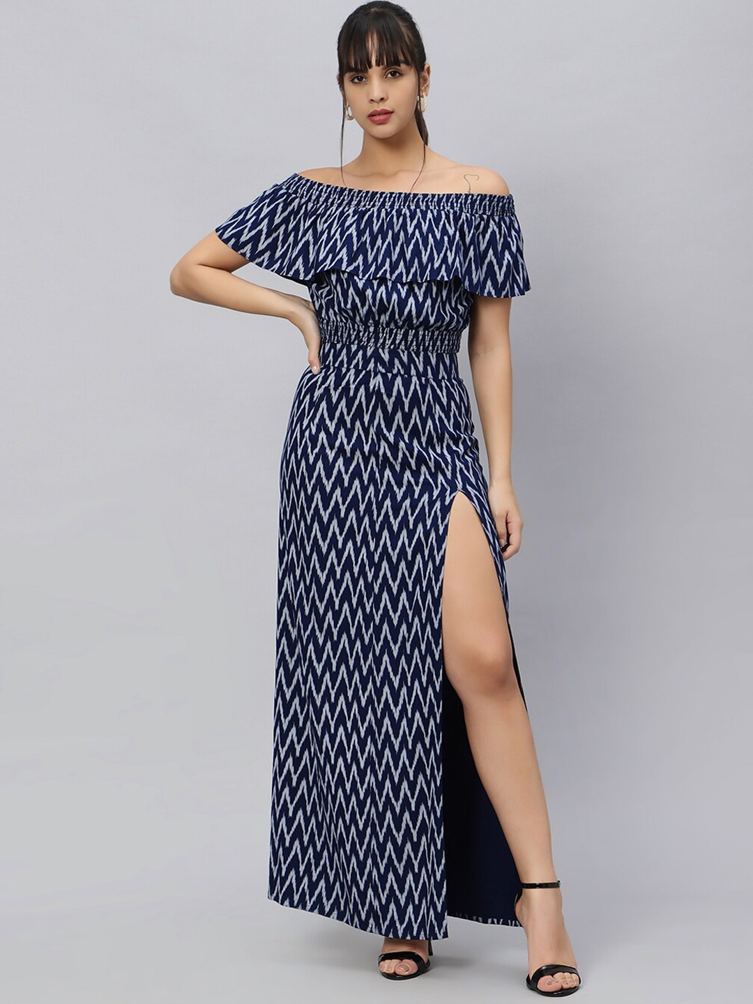 

OUI Off-Shoulder Chevron Printed Pure Cotton Crop Top With Skirt Co-Ords, Navy blue