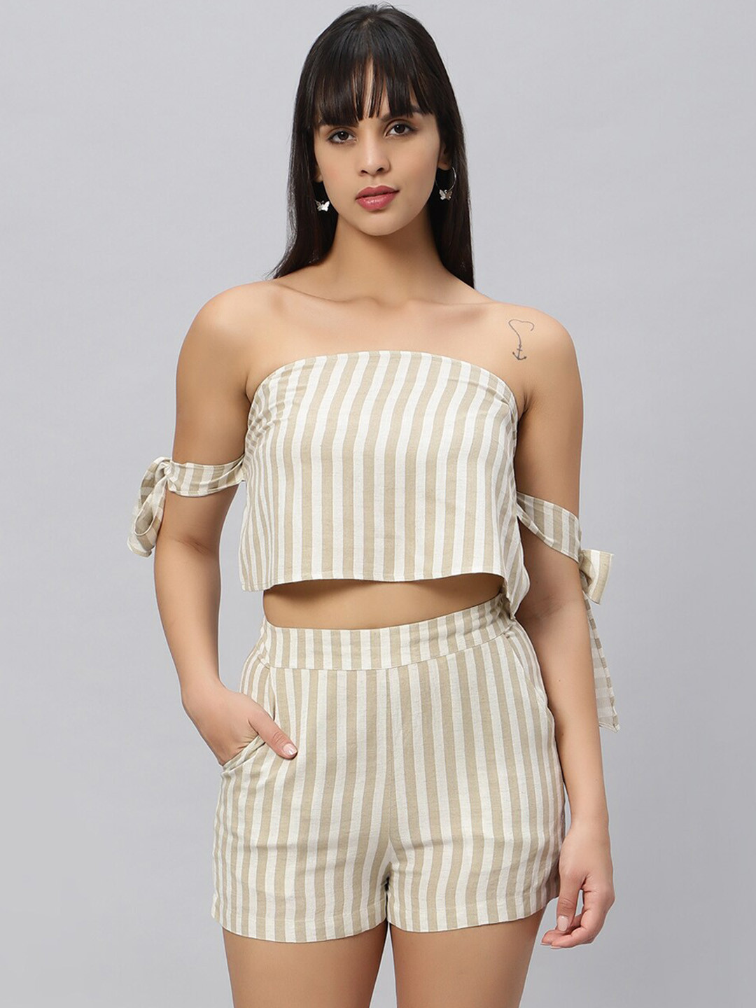 

OUI Off-Shoulder Striped Crop Top With Striped Shorts Co-Ords, Beige