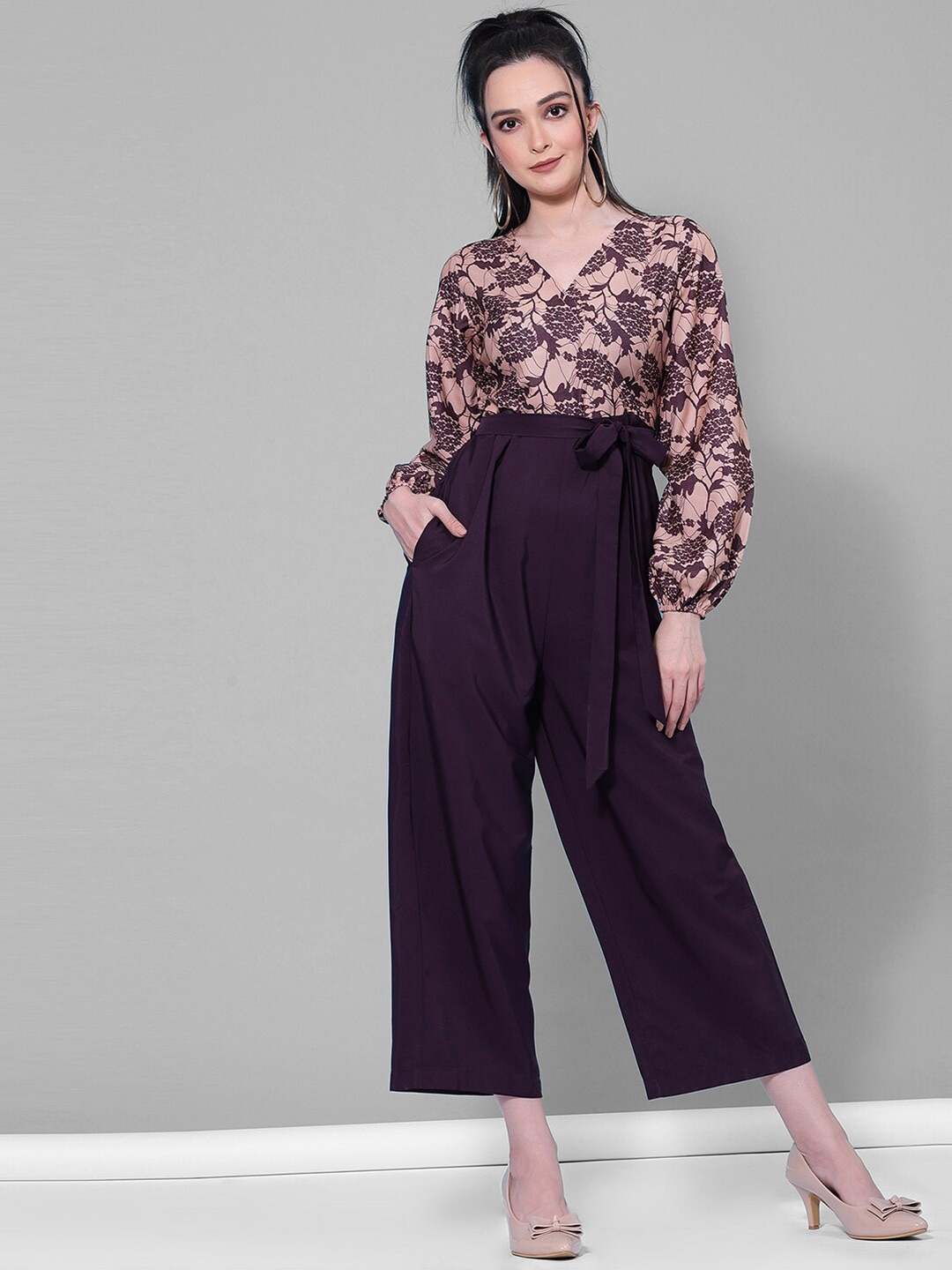 

Selvia Printed Waist Tie Ups Basic Jumpsuit, Purple