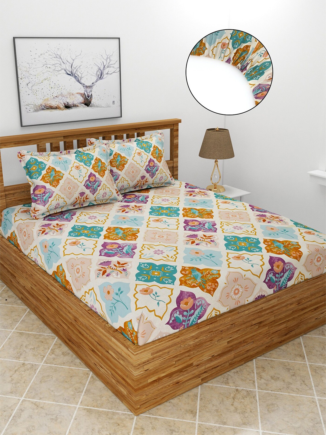

MORADO Purple & Blue Printed Fitted 210 TC Queen Bedsheet with 2 Pillow Covers