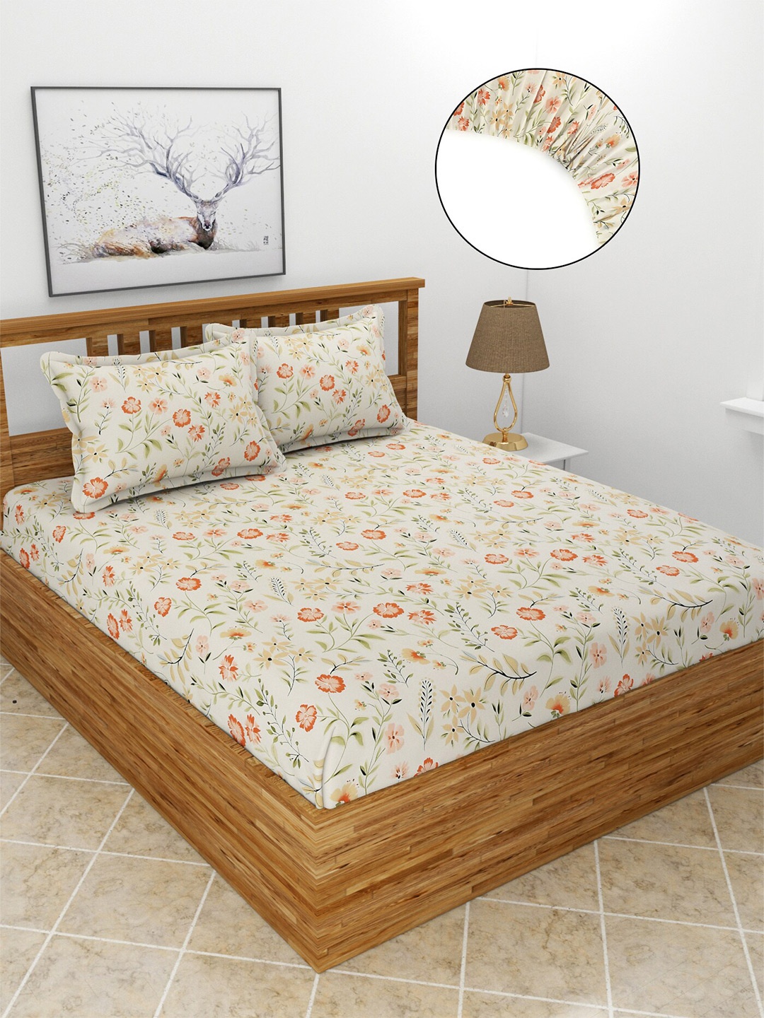 

MORADO Off White & Green Floral 210 TC Fitted Queen Bedsheet With 2 Pillow Covers