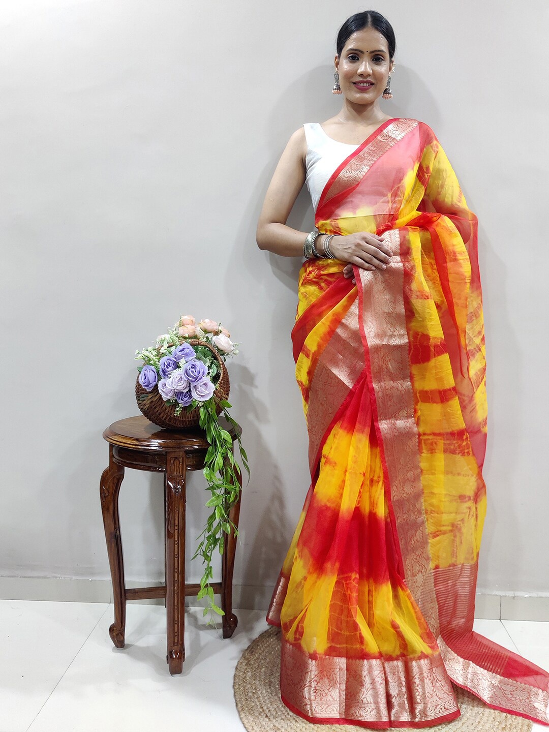 

Mitera Red & Yellow Tie and Dye Zari Organza Saree