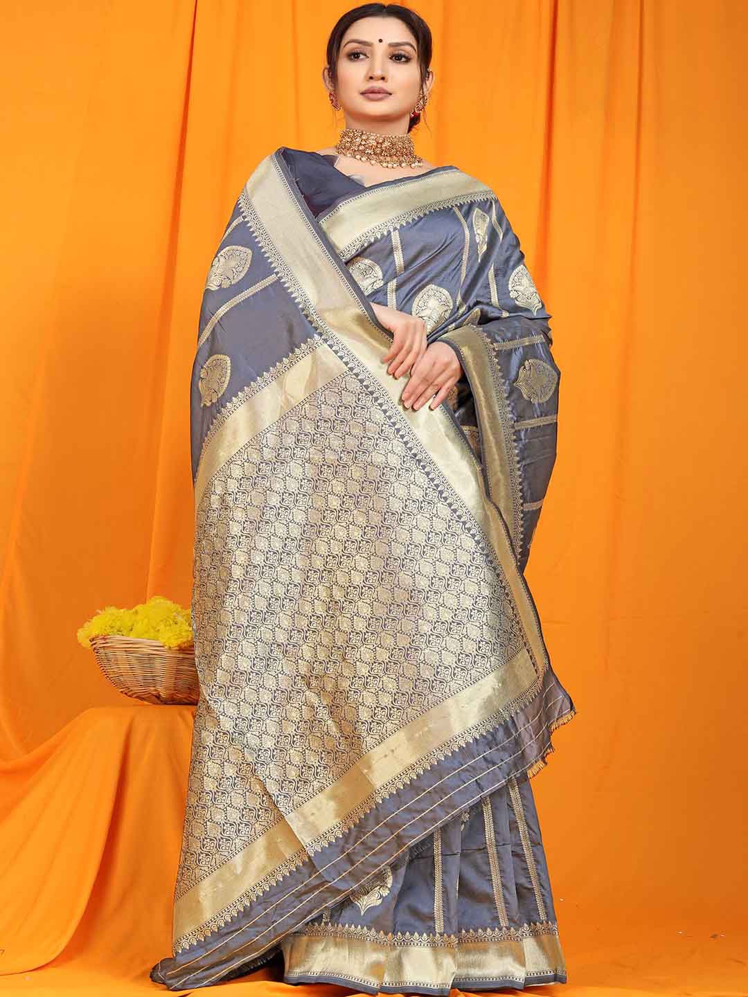

Mitera Ethnic Motifs Woven Design Zari Saree, Grey