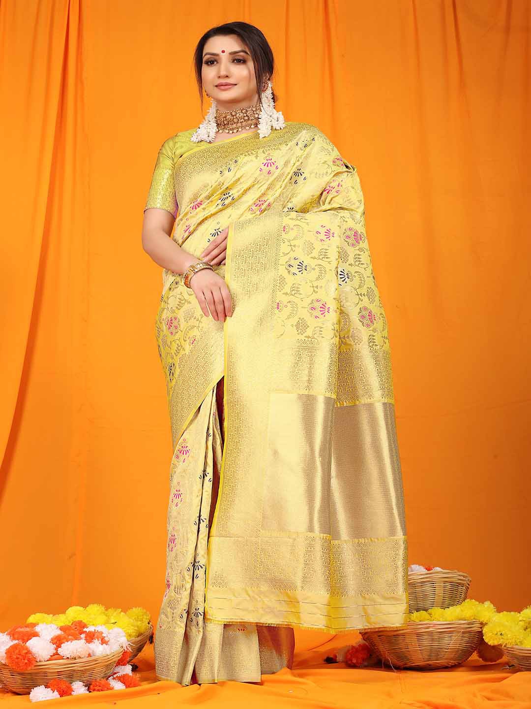 

Mitera Yellow & Pink Ethnic Woven Design Zari Saree