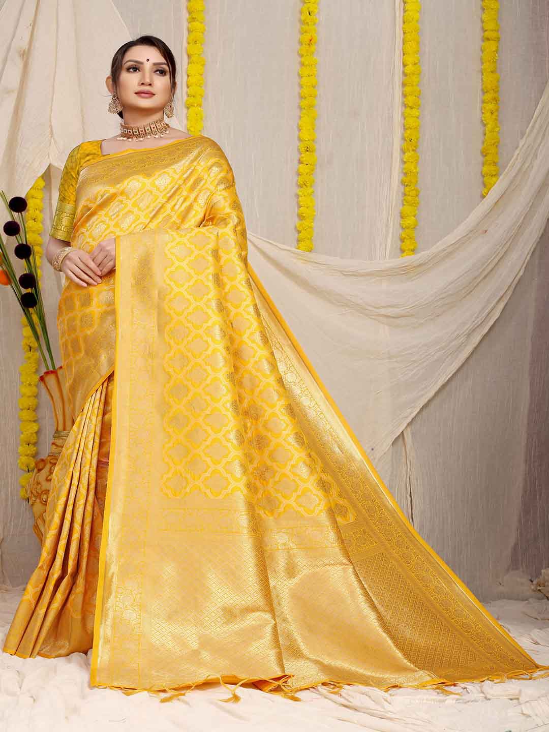 

Mitera Ethnic Motifs Woven Design Zari Saree, Yellow