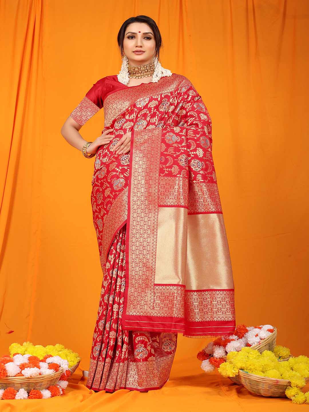 

Mitera Red & Gold Toned Ethnic Motifs Woven Design Zari Saree