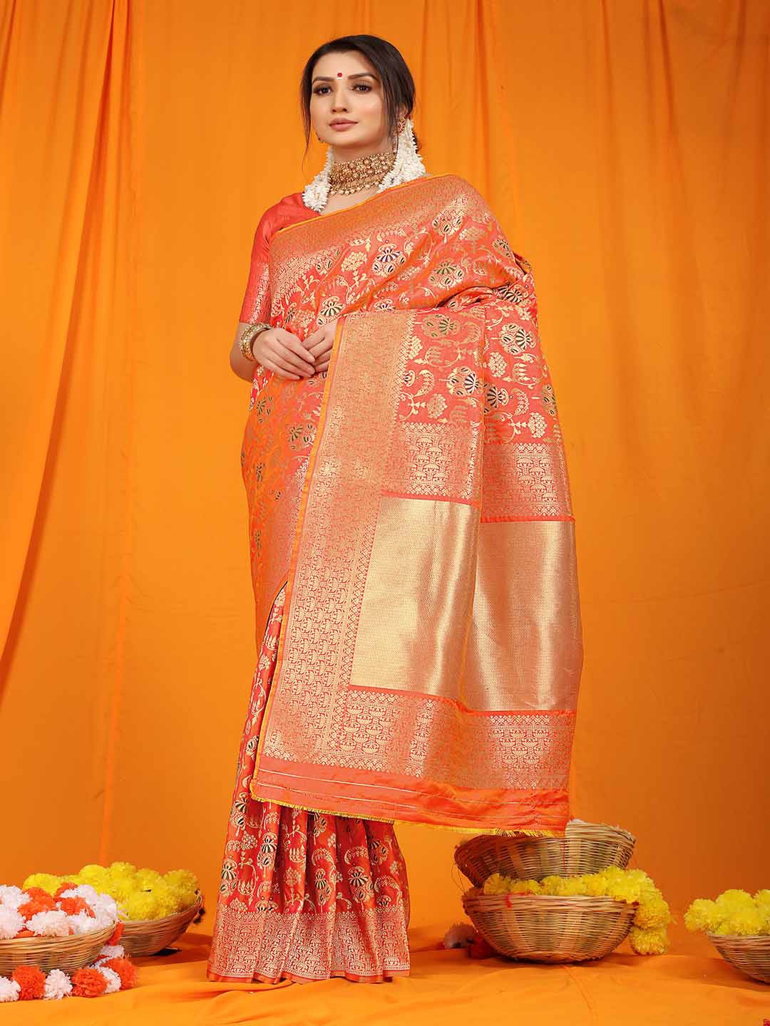 

Mitera Ethnic Motifs Woven Design Zari Art Silk Saree, Orange