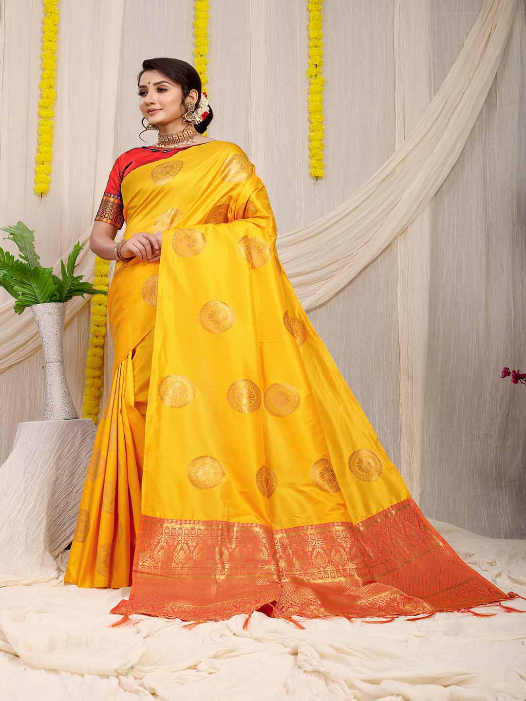 

Mitera Mustard & Red Ethnic Motifs Woven Design Zari Saree