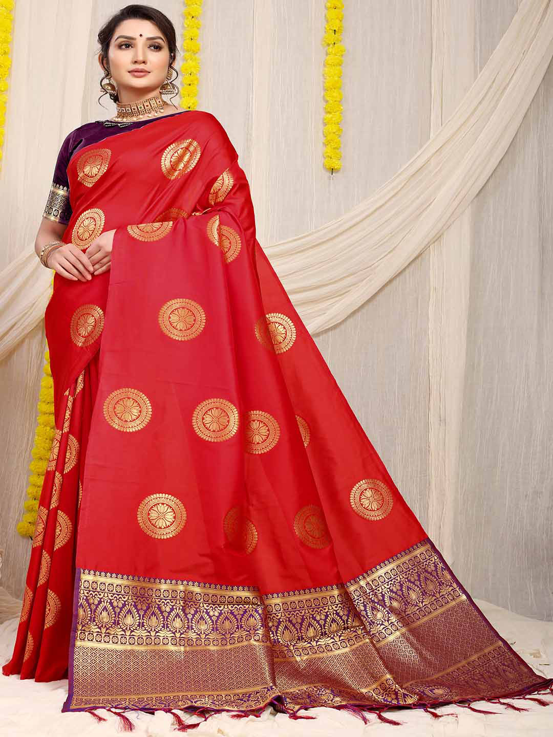 

Mitera Red & Purple Ethnic Motifs Woven Design Zari Saree