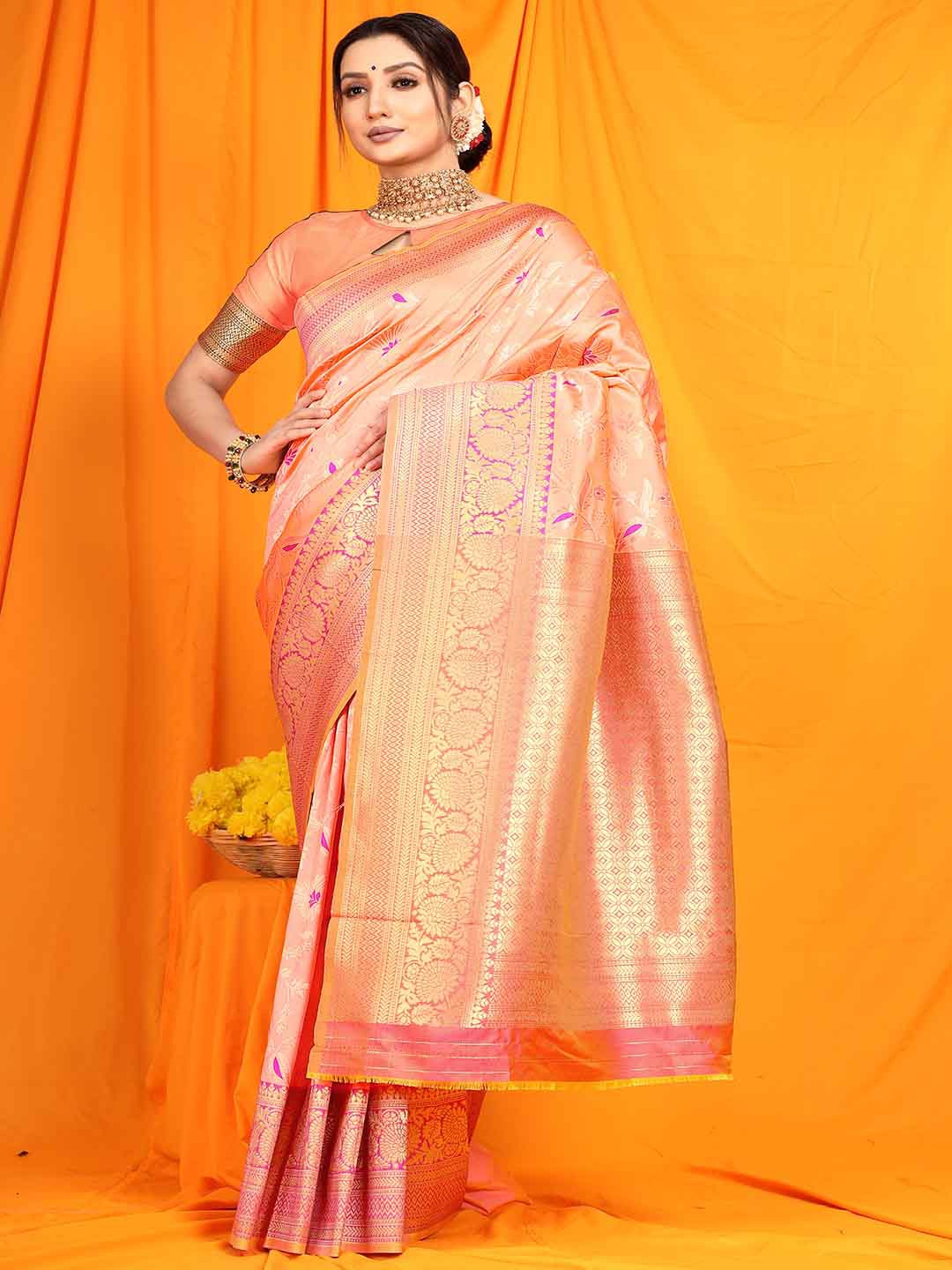

Mitera Ethnic Motifs Woven Design Zari Art Silk Saree, Peach