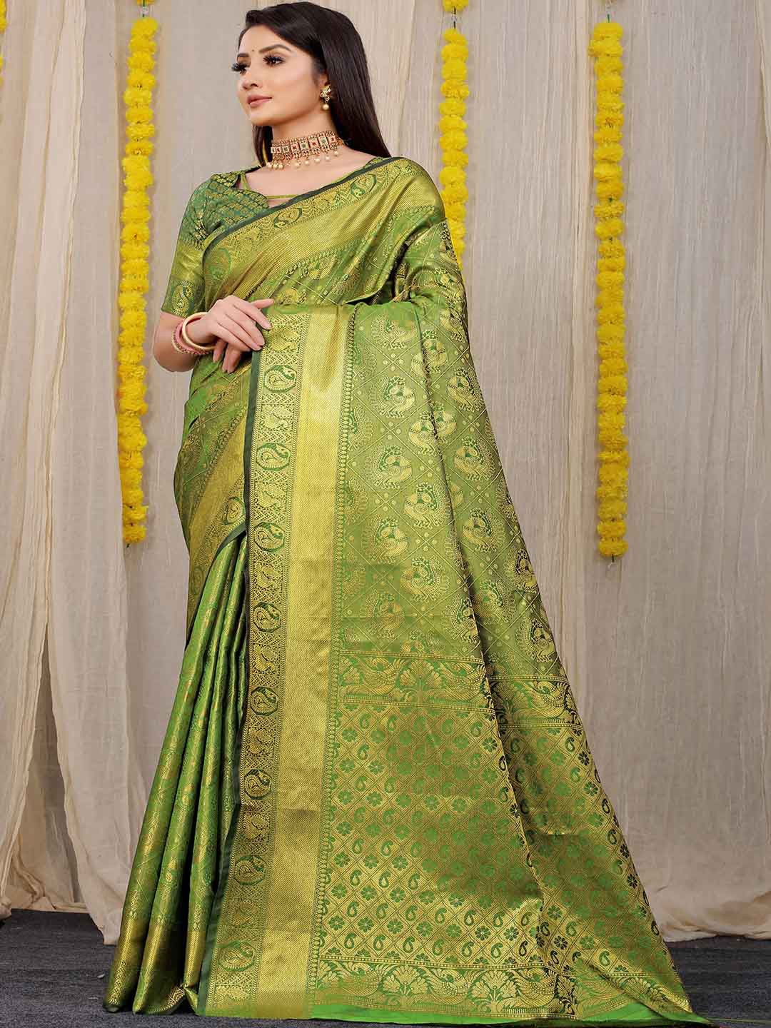

Mitera Green & Gold-Toned Ethnic Motifs Woven Design Zari Saree