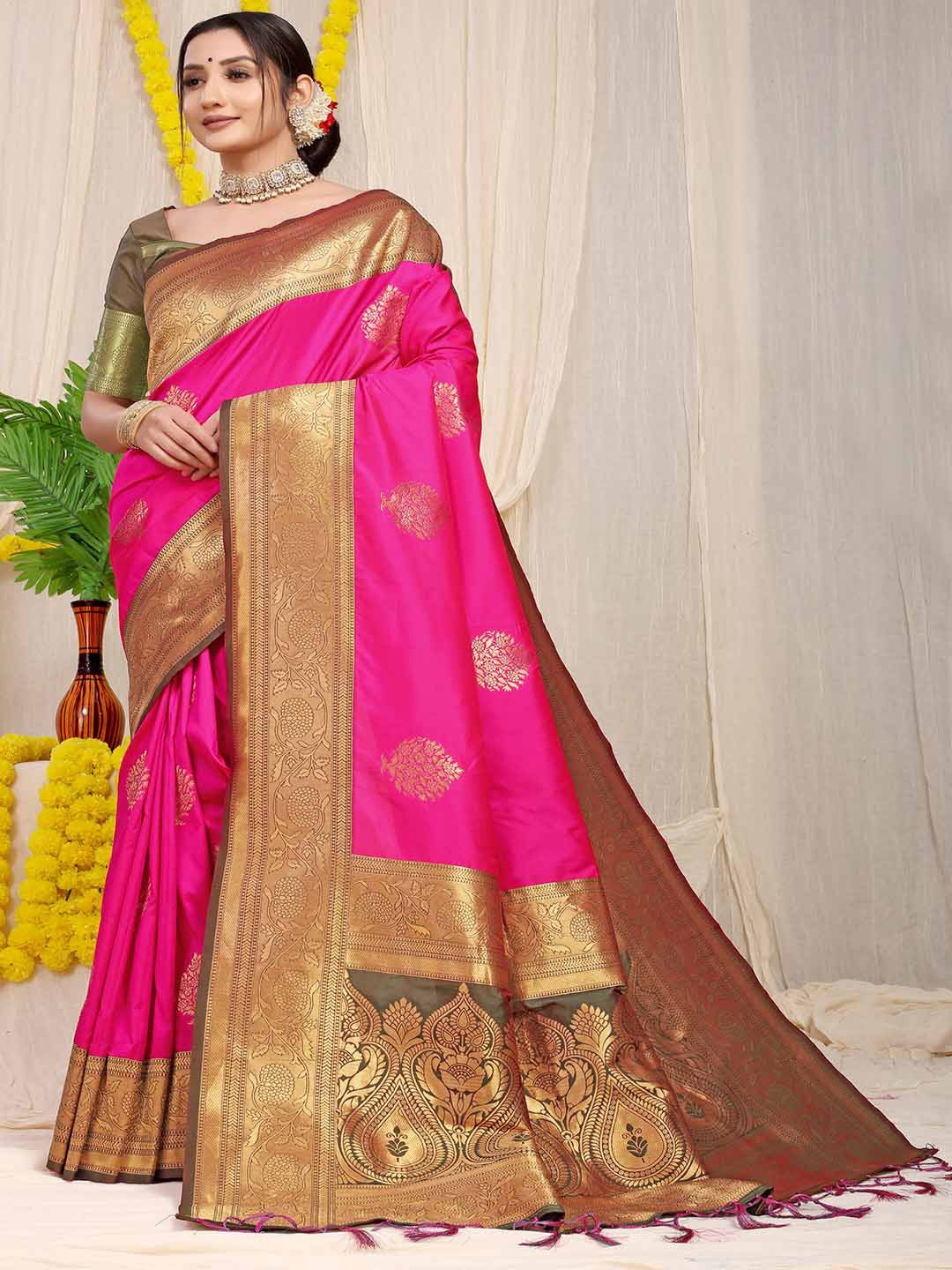 

Mitera Pink Ethnic Motifs Woven Design Zari Detail Saree