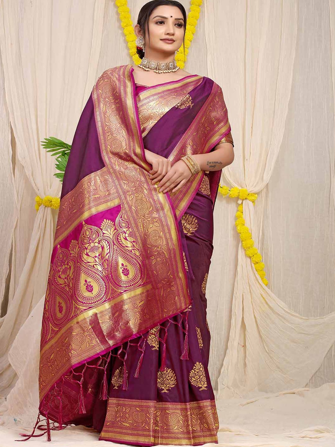 

Mitera Maroon Ethnic Motifs Woven Design Zari Detail Saree