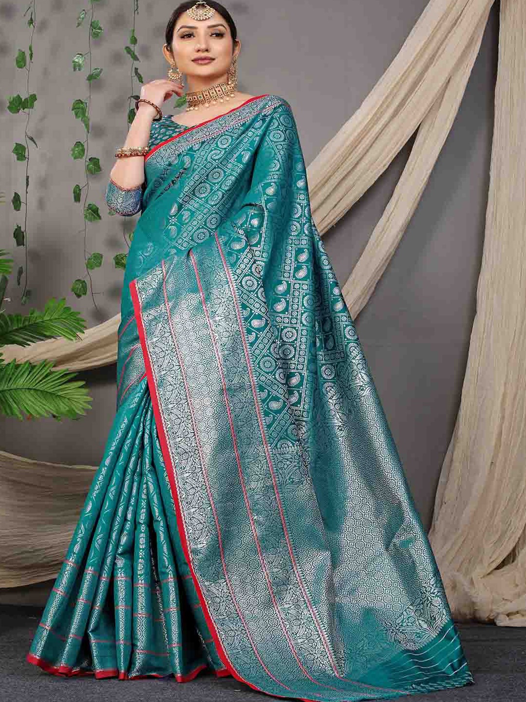 

Mitera Blue & Red Woven Design Zari Art Silk Saree