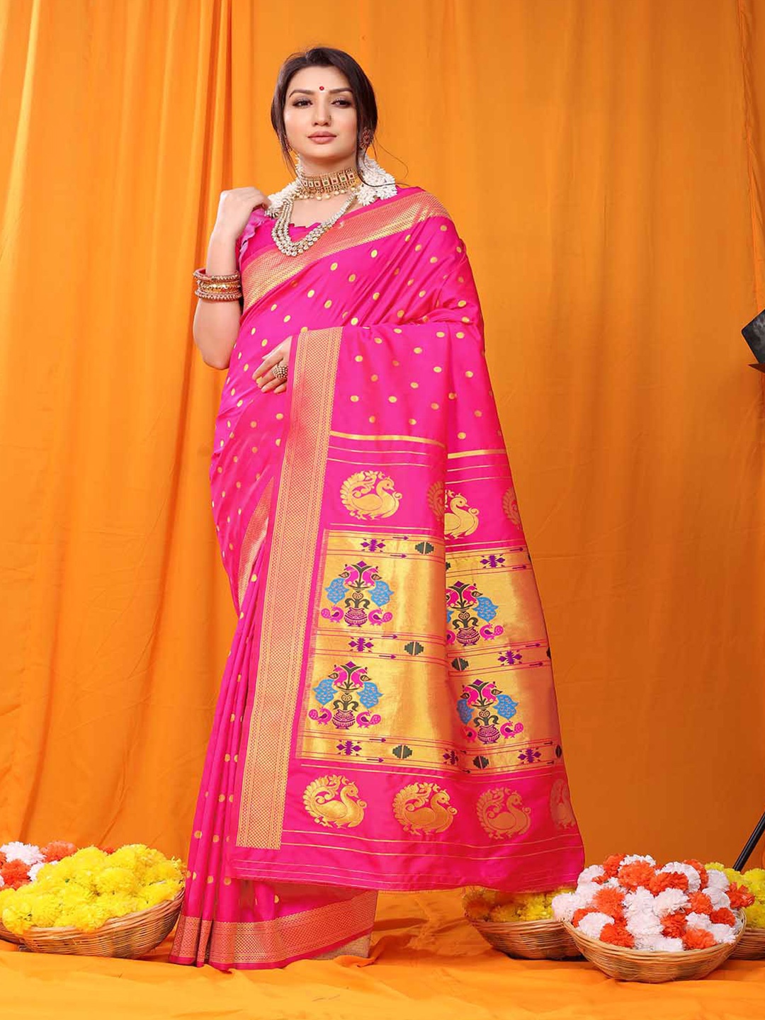 

Mitera Pink & Blue Ethnic Motifs Woven Design Zari Art Silk Saree
