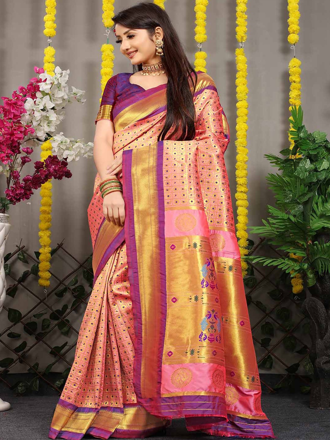 

Mitera Pink & Purple Ethnic Motifs Woven Design Zari Art Silk Saree