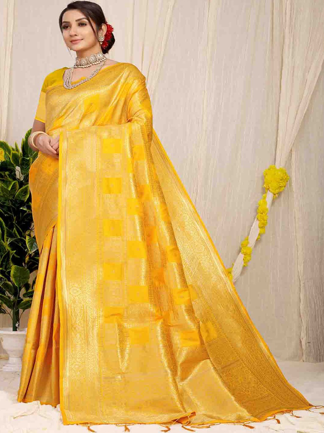 

Mitera Mustard & Gold-Toned Ethnic Motifs Woven Design Zari Art Silk Saree