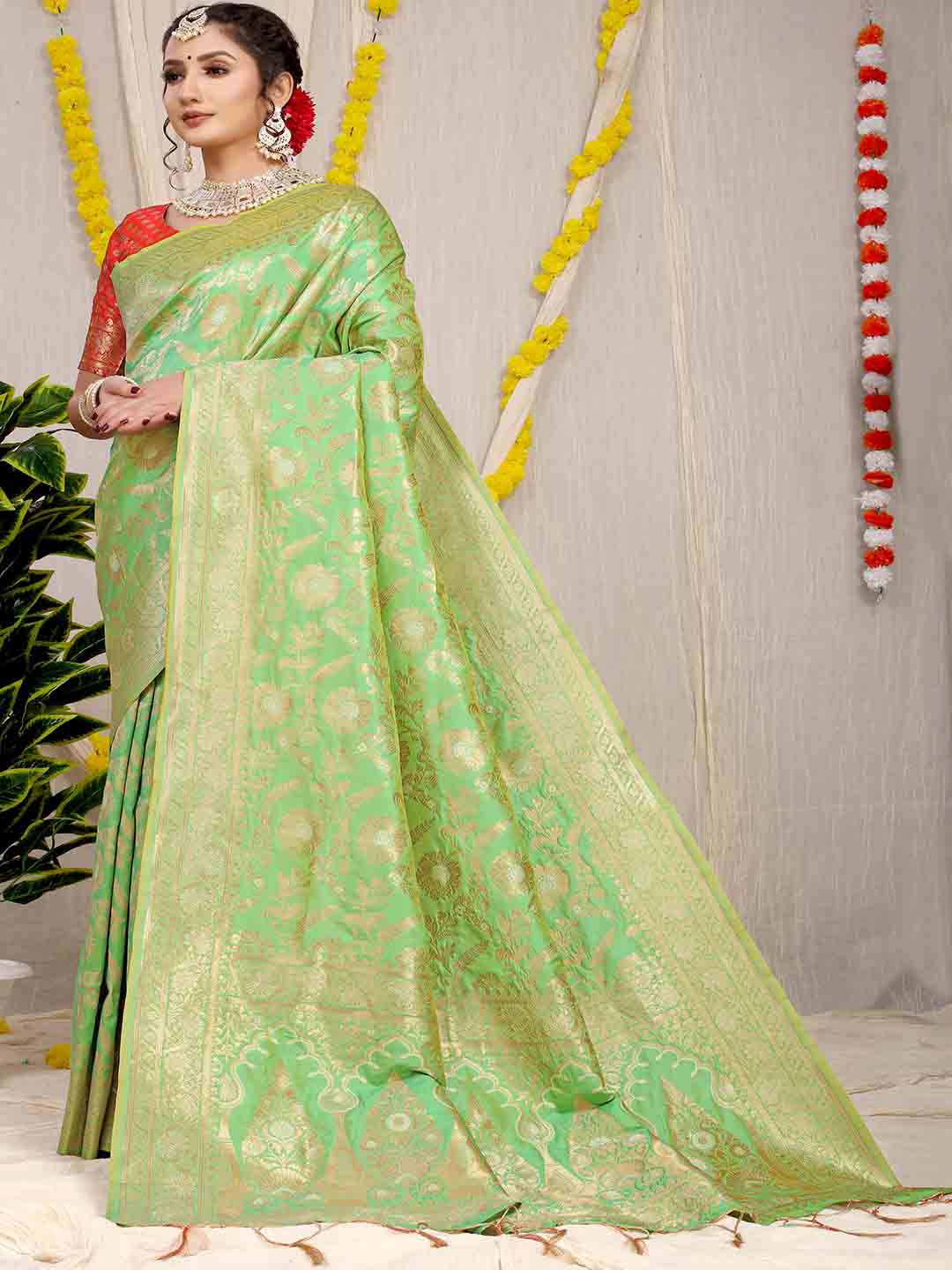

Mitera Floral Woven Design Zari Art Silk Saree, Green