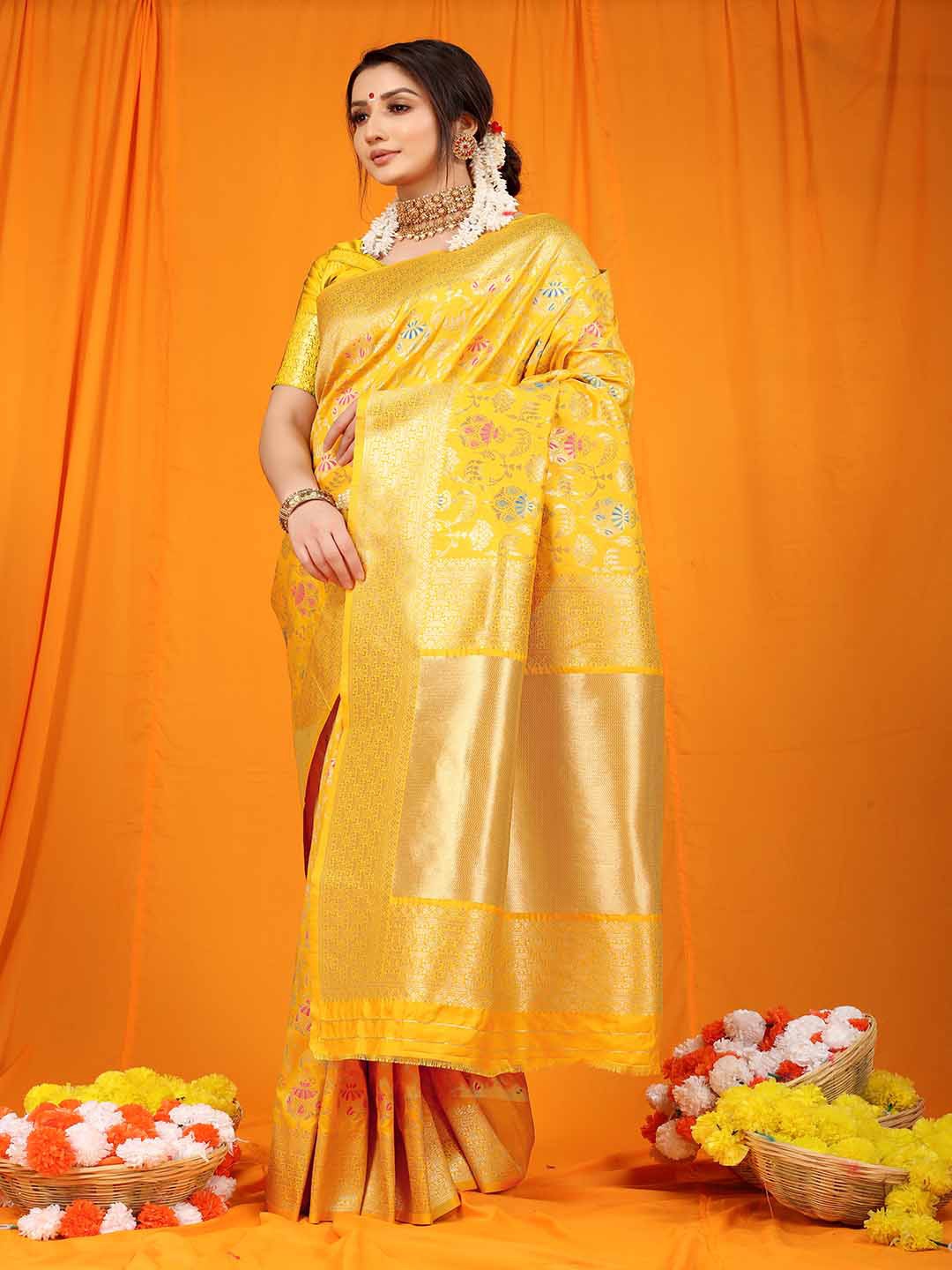 

Mitera Ethnic Motifs Woven Design Zari Saree, Yellow