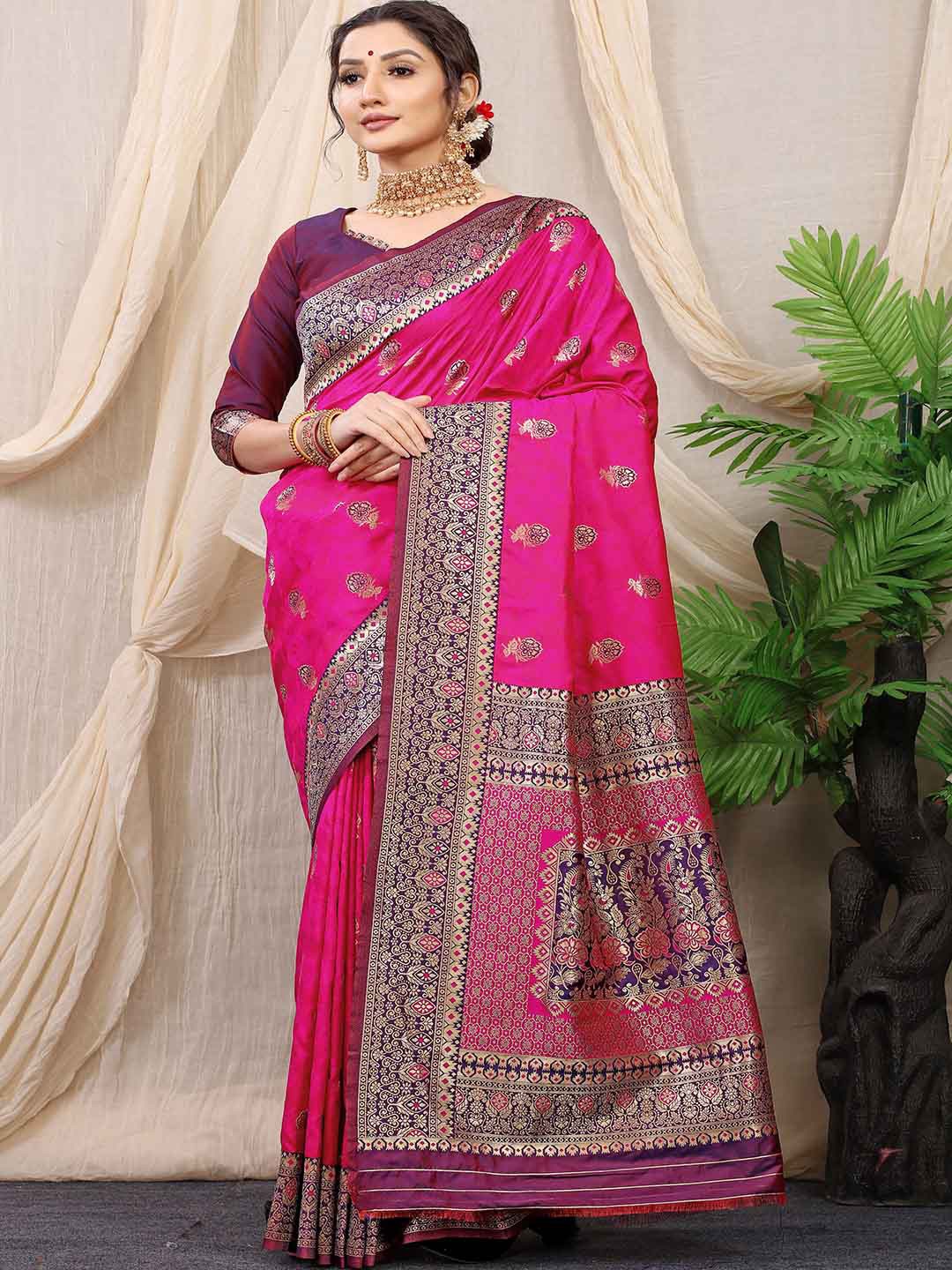 

Mitera Pink and Blue Ethnic Motifs Woven Design Zari Saree