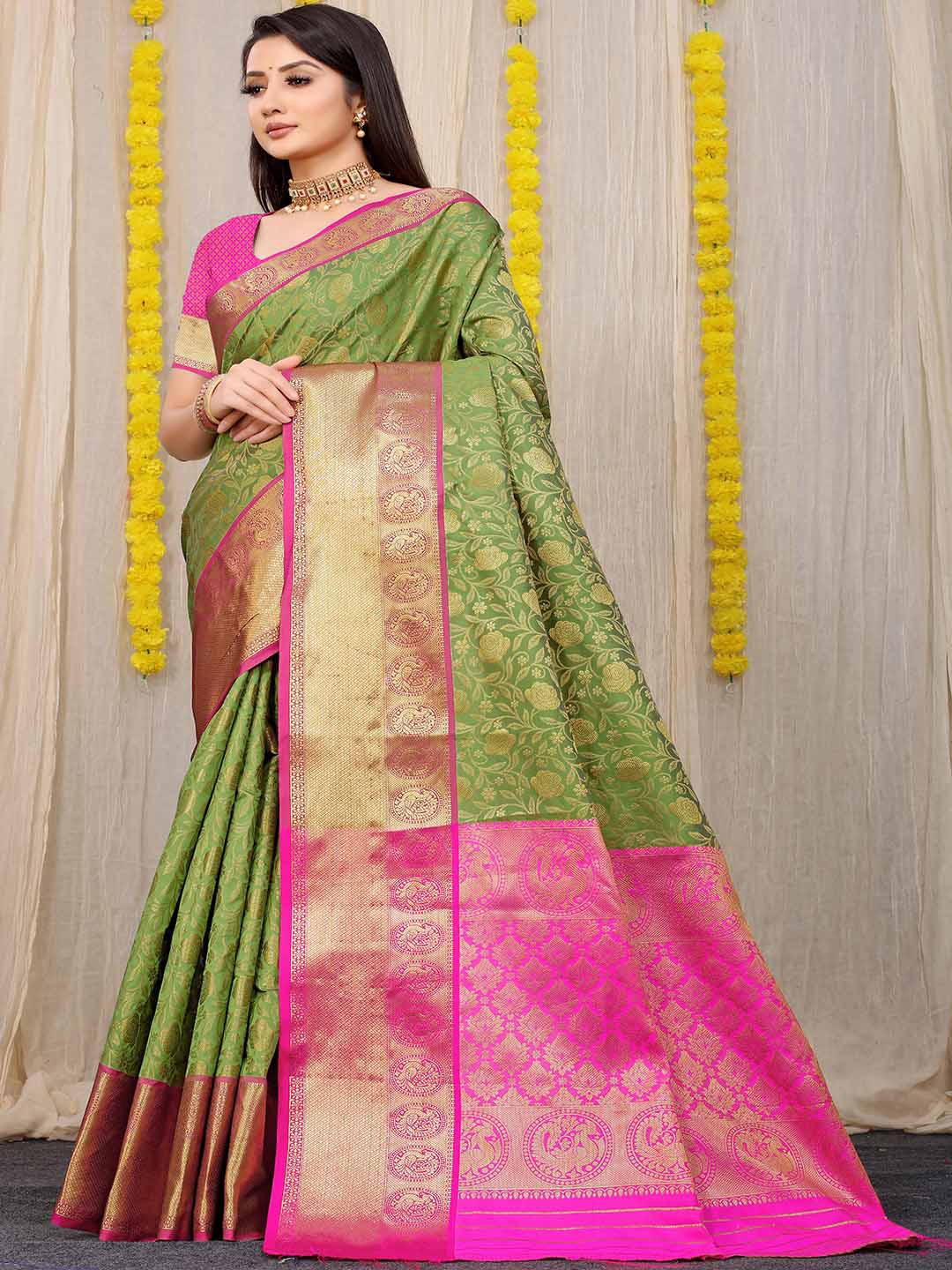 

Mitera Green & Pink Floral Woven Design Zari Art Silk Saree