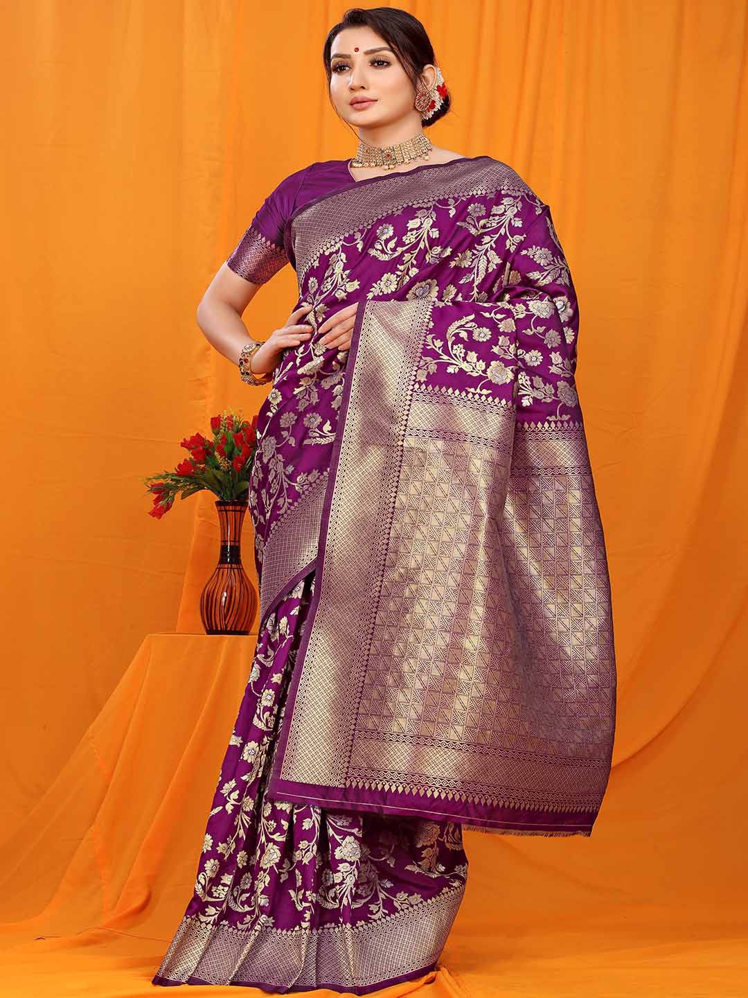 

Mitera Purple & Gold-Toned Floral Woven Design Zari Saree