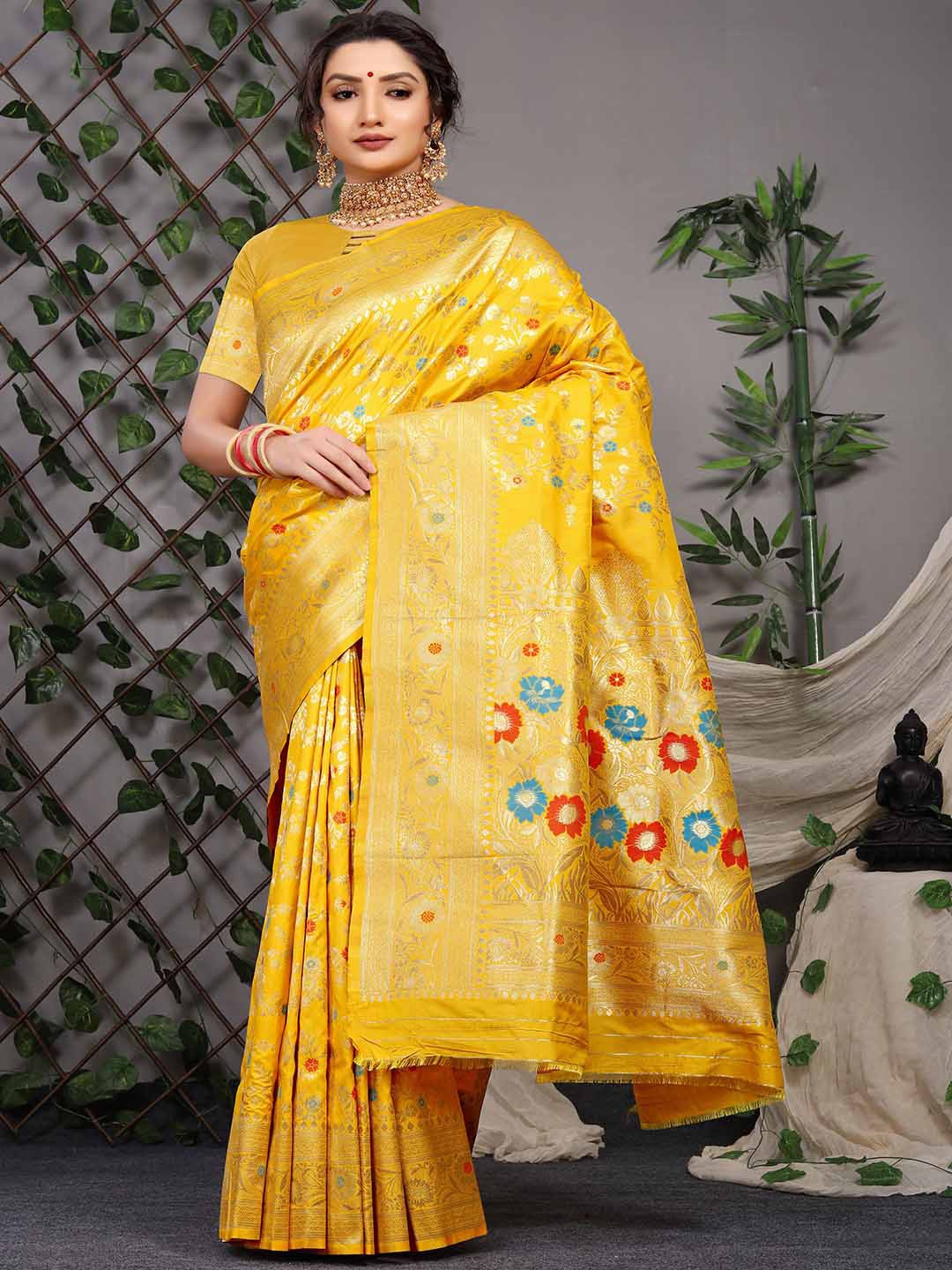 

Mitera Floral Woven Design Zari Art Silk Saree, Yellow