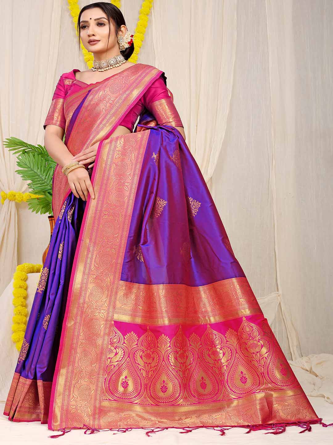 

Mitera Violet & Pink Ethnic Motifs Woven Design Zari Saree
