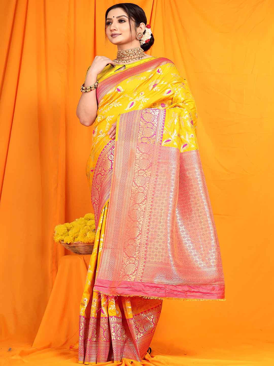 

Mitera Floral Woven Design Zari Art Silk Saree, Yellow