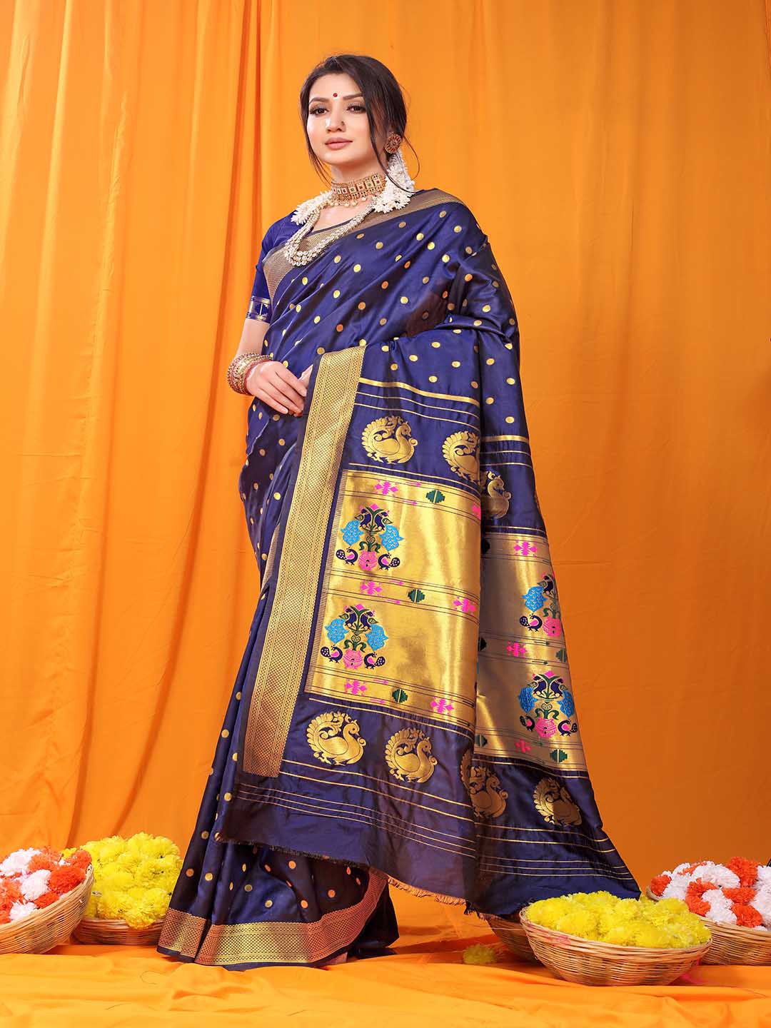 

Mitera Navy Blue & Gold-Toned Ethnic Motifs Woven Design Zari Saree