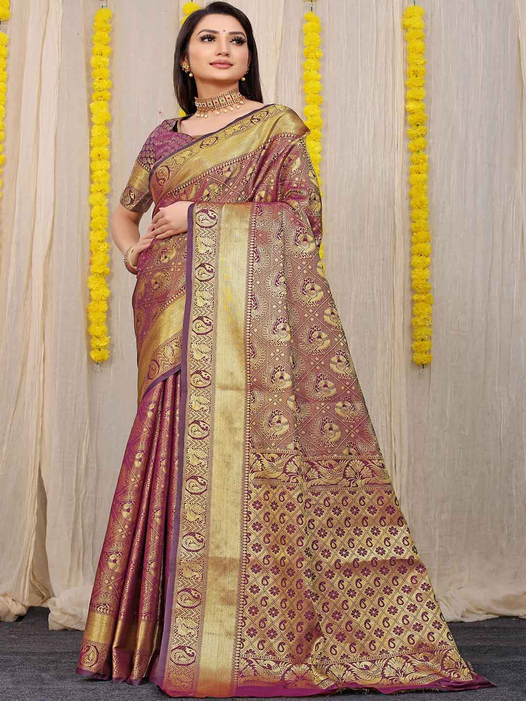 

Mitera Maroon and Gold-Toned Ethnic Motifs Woven Design Zari Saree