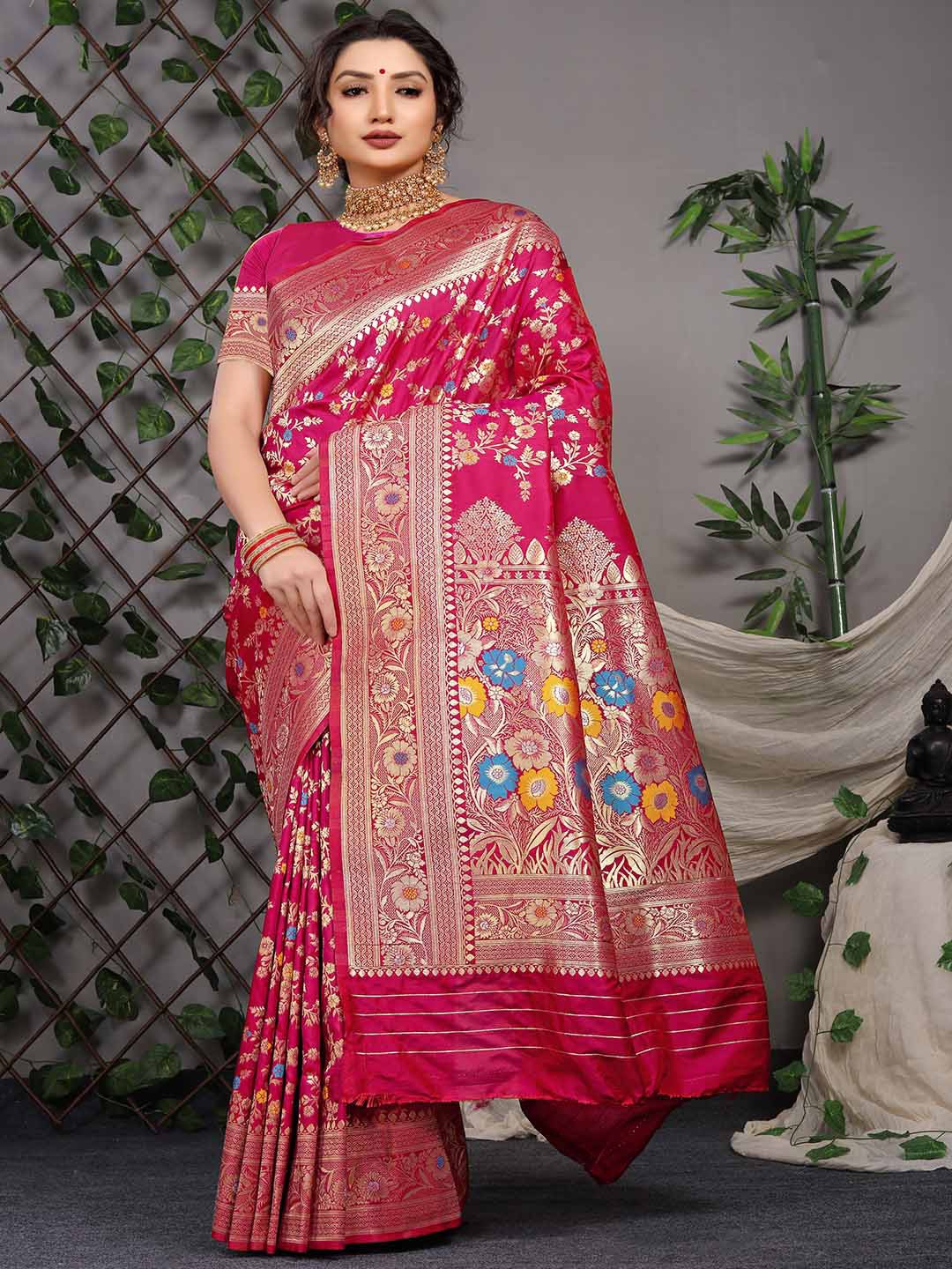 

Mitera Pink & Gold-Toned Ethnic Motifs Woven Design Zari Saree