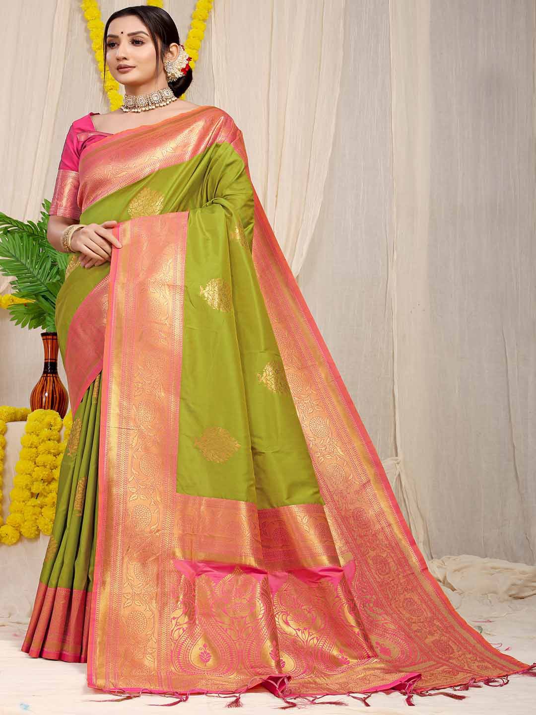 

Mitera Green & Pink Ethnic Motifs Woven Design Zari Saree