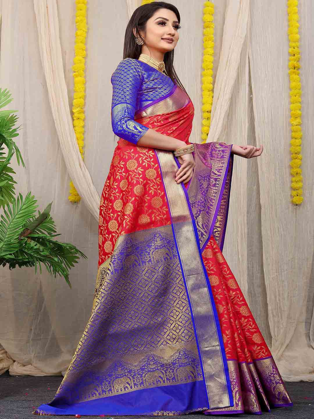 

Mitera Red & Purple Ethnic Motifs Woven Design Zari Saree