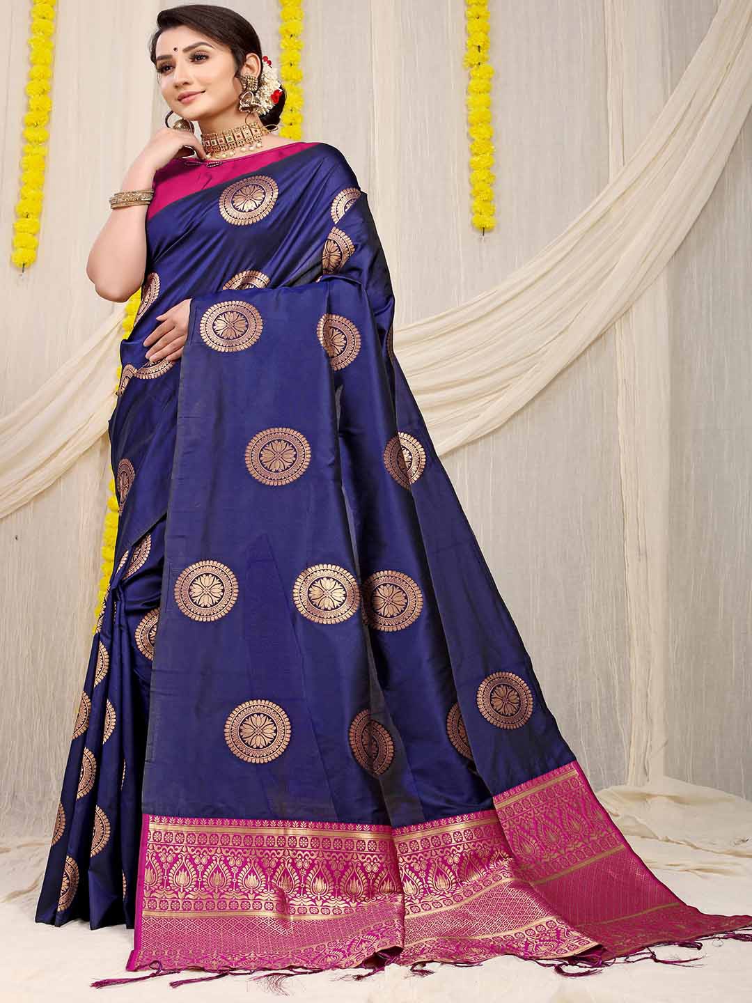 

Mitera Floral Woven Design Zari Art Silk Saree, Navy blue