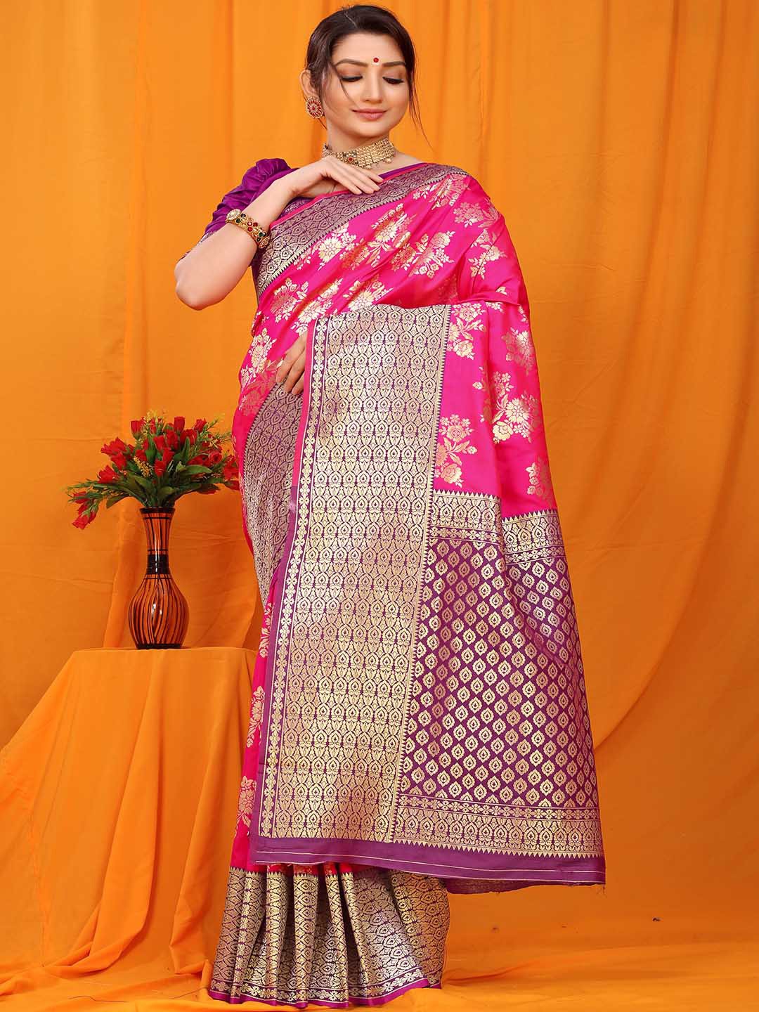 

Mitera Pink and Purple Ethnic Motifs Woven Design Zari Saree