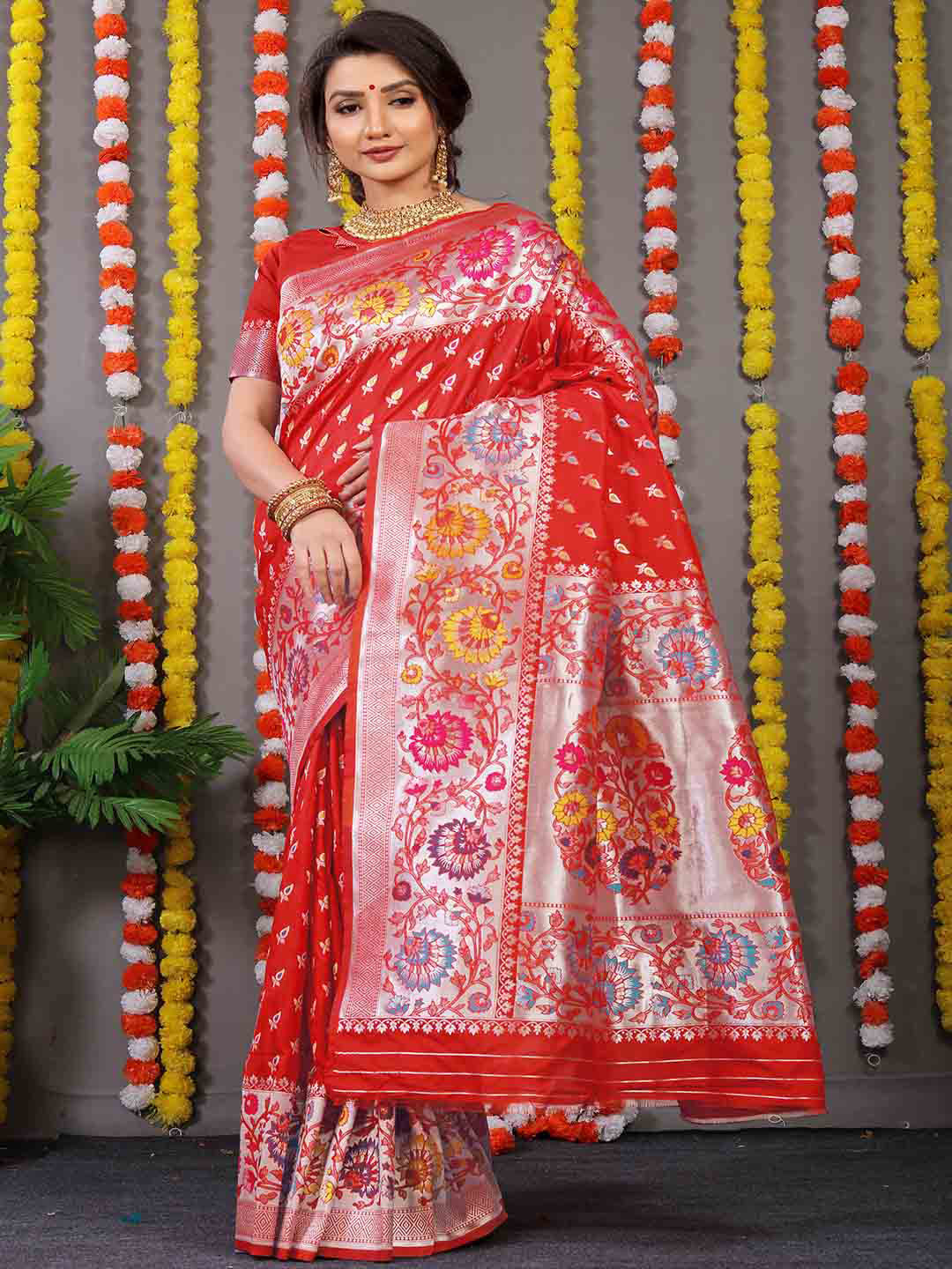 

Mitera Red & Blue Floral Woven Design Zari Saree
