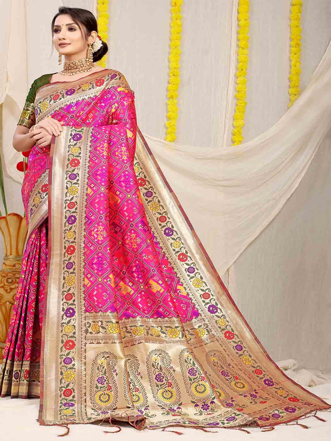 

Mitera Pink & Yellow Ethnic Motifs Woven Design Zari Saree