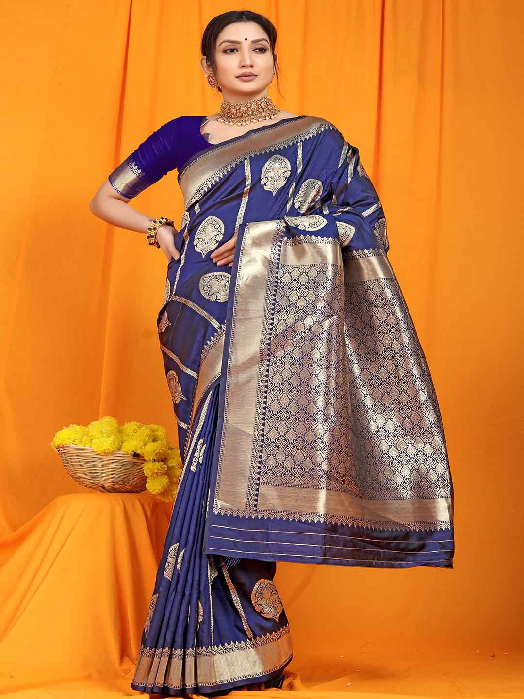 

Mitera Navy Blue & Gold-Toned Ethnic Motifs Woven Design Zari Saree