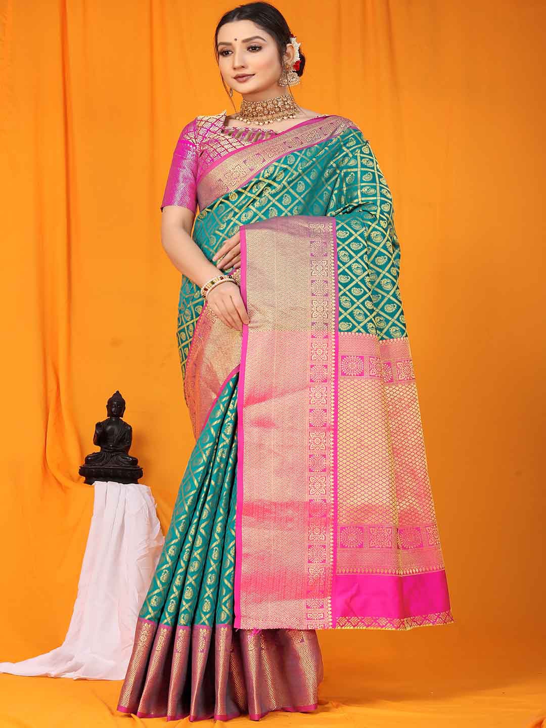 

Mitera Green & Pink Paisley Woven Design Zari Saree