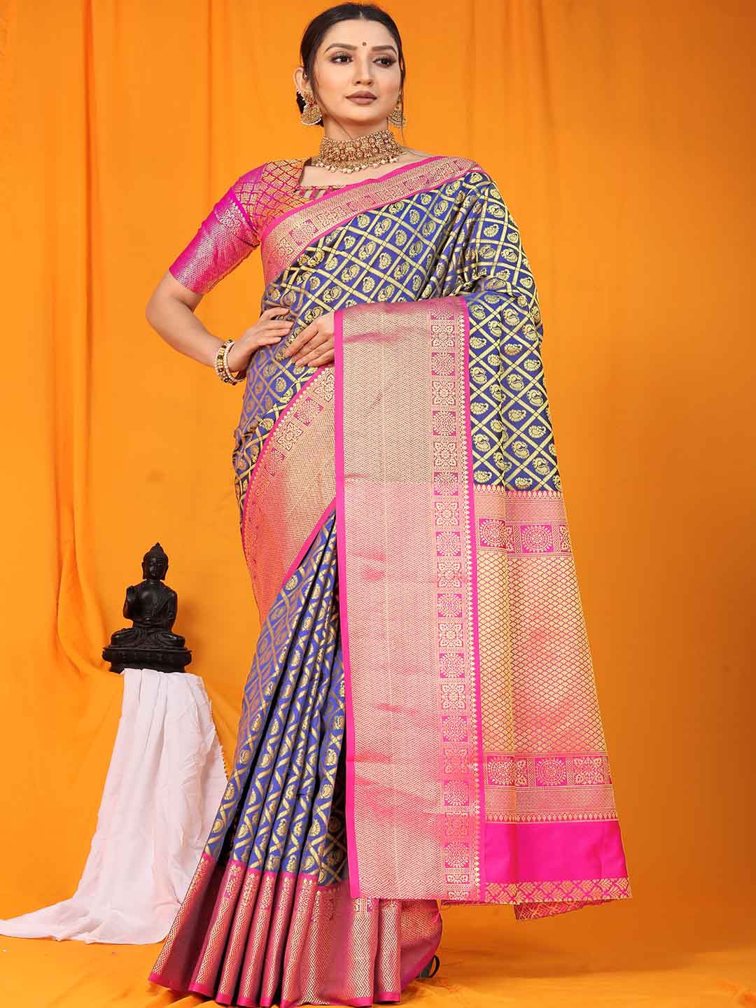 

Mitera Blue & Pink Ethnic Motifs Woven Design Zari Saree