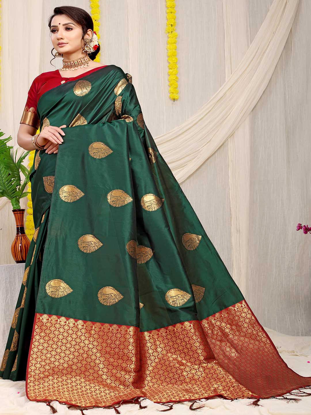 

Mitera Green and Red Ethnic Motifs Woven Design Zari Saree