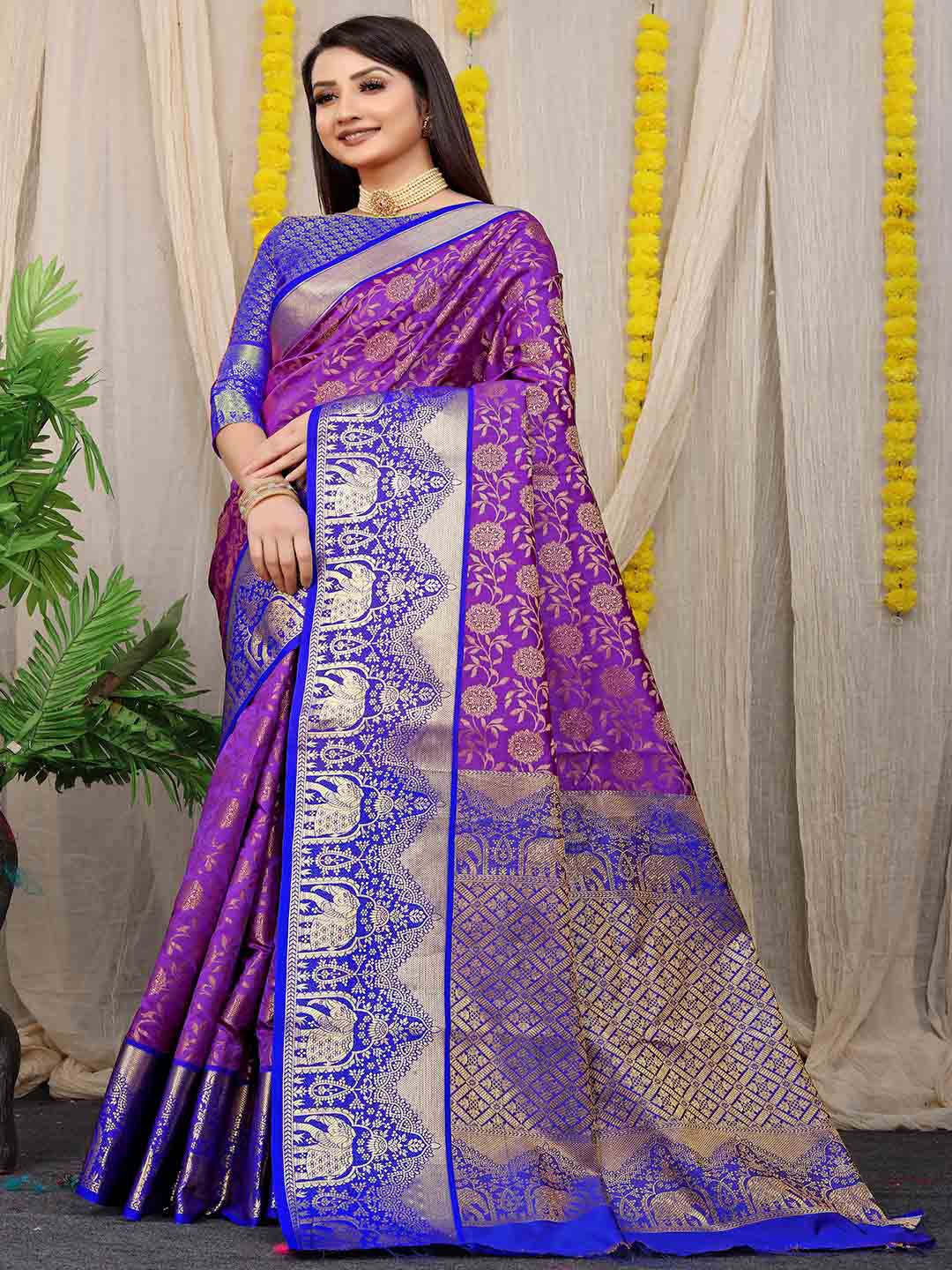 

Mitera Violet & Gold Toned Floral Woven Design Zari Saree