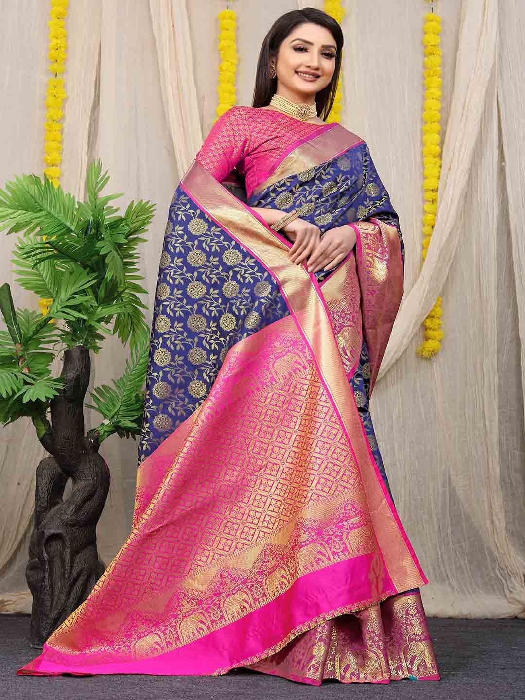 

Mitera Floral Woven Design Zari Art Silk Saree, Blue