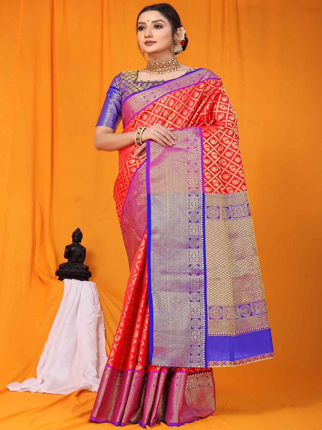 

Mitera Red & Blue Paisley Woven Design Zari Saree