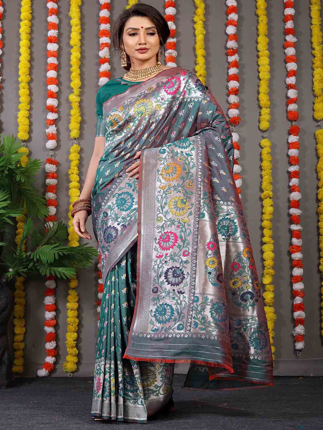 

Mitera Floral Woven Design Zari Art Silk Saree, Green
