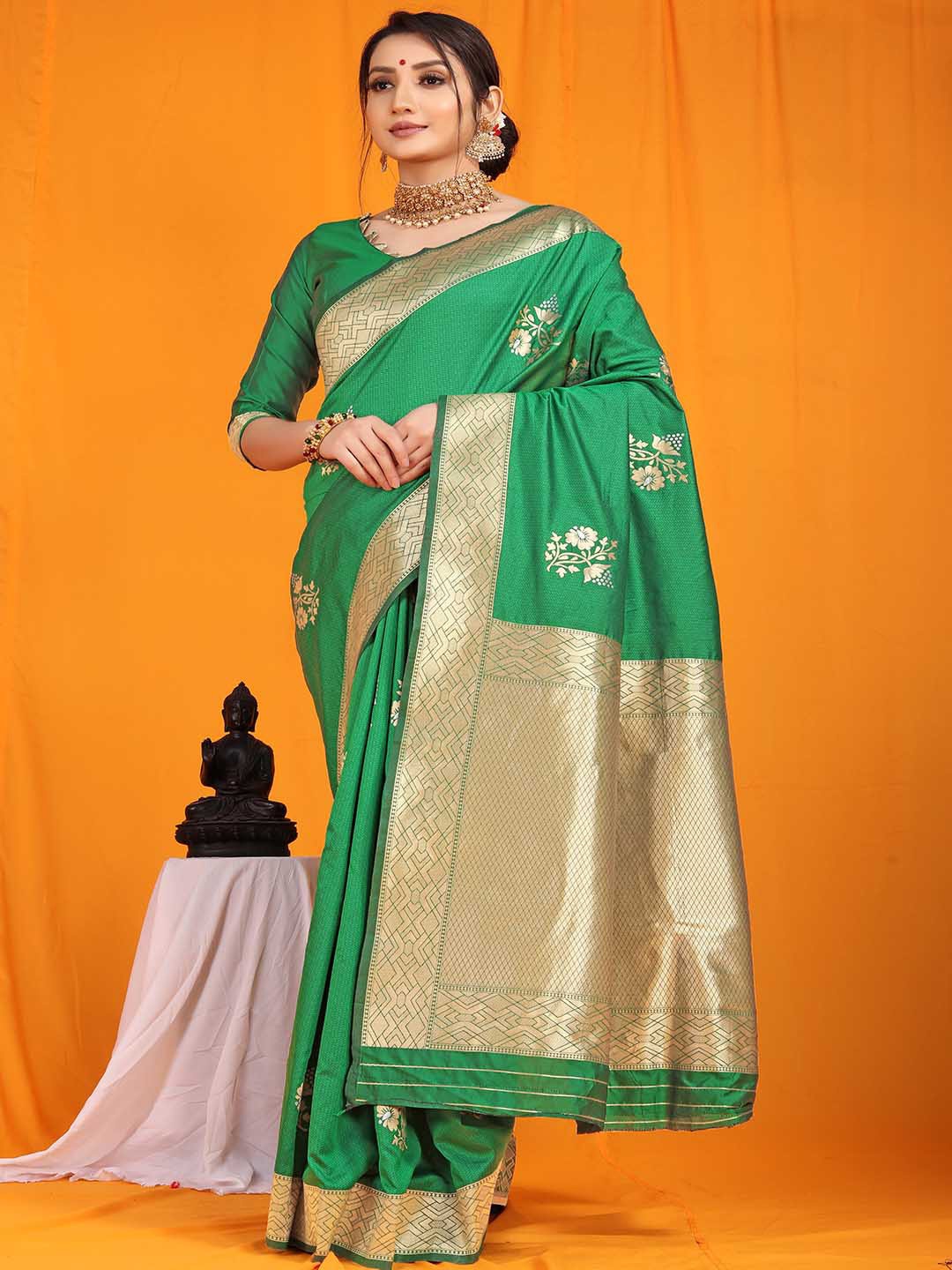 

Mitera Floral Woven Design Zari Art Silk Saree, Green