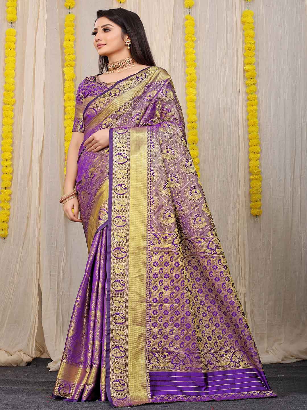 

Mitera Purple & Gold-Toned Ethnic Motifs Woven Design Zari Saree