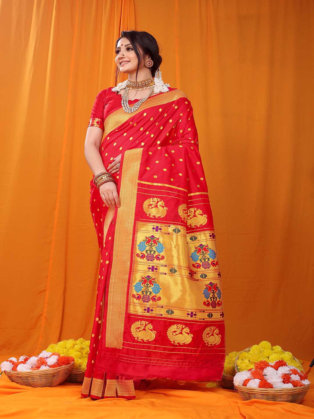 

Mitera Red & Yellow Polka Dots Woven Design Zari Saree